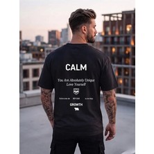 Kozz Style Erkek Siyah Calm Growth Baskı Detay %100 Organik Pamuk Örme Oversize Tişört