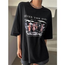 Kozz Style Kadın Siyah Seize The Day Baskılı Oversize Tişört