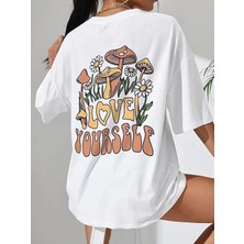 Kozz Style Beyaz Love Yourself Baskı %100 Organik Pamuk Relaxed Fit Yuvarlak Yaka Tişört