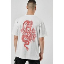 Kozz Style Beyaz Dragon Baskı %100 Organik Pamuk Örme Oversize Tişört