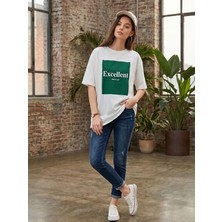 Kozz Style Kadın Excellent Baskı %100 Organik Pamuk Comfort Fit Yuvarlak Yaka Tişört Beyaz
