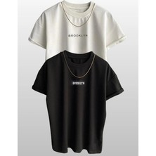 Kozz Style 2li Beyaz Siyah Brooklyn Baskı Detay %100 Organik Pamuk Örme Oversize Tişört