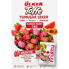 Ülker Toffe Karışık Yumuşak Şeker 1 kg – Çilek, Karpuz ve Karamel Aromalı + Tayaş Frutty 325 G Hediy