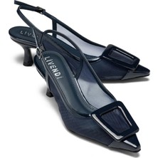 Sereny Kadın Lacivert File Detaylı Tokalı Slingback Sivri Burun 6 cm Ince Topuklu Ayakkabı