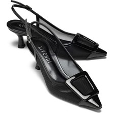 Sereny Kadın Siyah Rugan File Detaylı Tokalı Slingback Sivri Burun 6 cm Ince Topuklu Ayakkabı