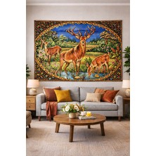 Vintage Serisi Geyik Ailesi Duvar Halısı Duvar Örtüsü Wall Tapestry