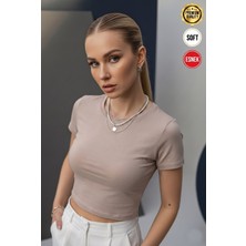 Teenage Millionaire Kadın Taş Renkli Bisiklet Yaka Likralı Kısa Kol Body Crop Bluz