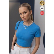 Teenage Millionaire Kadın Açık Mavi Renkli Bisiklet Yaka Likralı Kısa Kol Body Crop Bluz