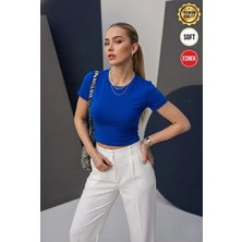 Teenage Millionaire Kadın Saks Mavi Renkli Bisiklet Yaka Likralı Kısa Kol Body Crop Bluz