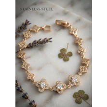 Stainless Steel Pirinç Gold Renk Zirkon Taşlı Yonca Model Bileklik