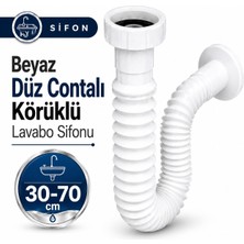 Badem10 30-70 cm Lavabo Evye Sifonu Uzun Körüklü Uzayabilir Kıvrılır Beyaz Düz Contalı Plastik Gider Borusu