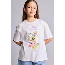 DeFacto %100 Pamuk SpongeBob Oversize Bisiklet Yaka Kısa Kollu Tişört Kız Çocuk H3481A826HS