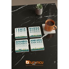 Turuncu Sticker Türkiye Serisi - İstanbul-Ankara-İzmir-Bursa Doğal Taş Bardak Altlığı Seti, Ev ve Ofis 10x10cm