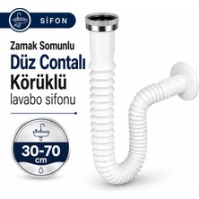 Badem10 30-70 cm Zamak Somunlu Lavabo Evye Sifonu Uzun Körüklü Uzar Beyaz Düz Contalı Plastik Gider Borusu