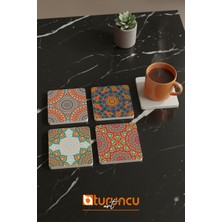Turuncu Sticker Mandala Sanatı Serisi Doğal Taş Bardak Altlığı Seti, Ev ve Ofis Kullanımı 10x10cm