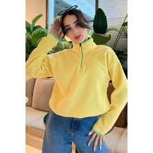 Tommy Life Limon Yarım Fermuar Etek Ucu Büzgülü Dik Yaka Oversize Kadın Polar Sweatshirt - 97234