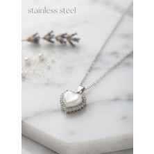 Stainless Steel 316L Çelik Zincir Gümüş Renk Incili Kalp Model Zirkon Taşlı Kolye
