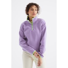 Tommy Life Açık Eflatun Yarım Fermuar Etek Ucu Büzgülü Dik Yaka Oversize Kadın Polar Sweatshirt - 97234
