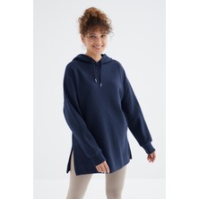 Tommy Life İndigo Reglan Kol Basic Kapüşonlu Oversize Sweatshirt Tunik - 97242