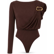 Purple By Banu Kahverengi Omuz Gold Aksesuar Detay Bodysüit