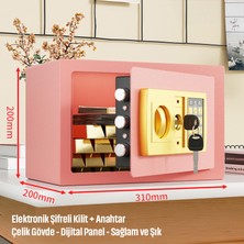 Silabor 20'lik Elektronik Şifreli ve Anahtarlı Çelik Para Kasası – Dijital Panelli, 31 × 20 × 20 cm Pembe