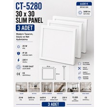 Yenilig 3 Adet CT-5280 30X30 Slim LED Panel 25W 6400K Beyaz Işık – 2600 Lümen Ince Kasa