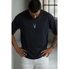 Millionaire Erkek Lacivert Geyik Baskılı Oversize Fit Bol Geniş Kalıp Salaş Kesim T-Shirt