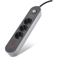 Marsilyan Termal Akım Korumalı Uzatma Kablosu 3 Priz + 2x USB + Type-C Anahtarlı 2 M - Siyah SH4628