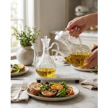 Lumindra Cam Yağdanlık 750ML +750 ml Glory Çizgili Mermer Stantlı Borosilikat Sirkelik – El Üretimi Yağ, Sirk