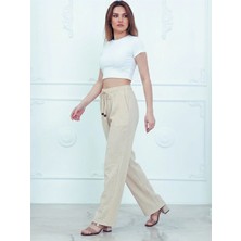 Kozz Style Kadın Pamuk Müslin Kumaş Bolpaça Pantolon Krem