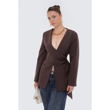 Thalure Kadın Kahverengi Beli Büzgülü Blazer
