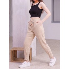 Kozz Style Kadın Krem Müslin Pamuk Paça Pileli Pantolon