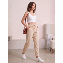 Kozz Style Kadın Krem Müslin Pamuk Paça Pileli Pantolon