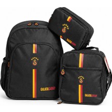 Galatasaray Lisanslı Siyah 3'lü Okul Seti - Çubuk Şeritli Sırt Çantası + Beslenme Çantası + Kalemlik