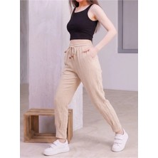 Kozz Style Kadın Krem Müslin Pamuk Paça Pileli Pantolon