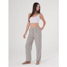 Kozz Style Siyah Çizgili Beli Ayarlanabilir Keten Pamuklu Pantolon
