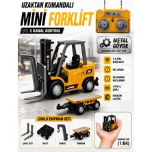 Toysturka Uzaktan Kumandalı Şarjlı Mini Forklift 1:64 Die-Cast Metal - Römorklu Çatallı Kancalı Tam Set 11 cm