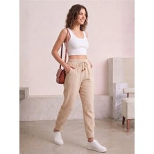Kozz Style Kadın Krem Müslin Pamuk Paça Pileli Pantolon