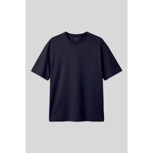 Lacivert Pamuklu Kalın Yumuşak Dokulu Oversize Fit Basic Erkek T-Shirt - 88377