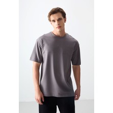 Air Jones Koyu Gri Pamuklu Kalın Yumuşak Dokulu Oversize Fit Basic Erkek T-Shirt - 88378