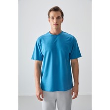Air Jones Petrol Mavi Pamuklu Kalın Yumuşak Dokulu Oversize Fit Basic Erkek T-Shirt - 88378