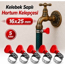 Badem10 [5 Adet] 16X25 mm Kelebek Saplı Hortum Kelepçesi Vidalı Paslanmaz Çelik Ayarlanabilir Boru Klipsi