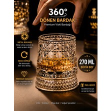 Evmora 360 Derece Dönen Metal Rulmanlı Premium Viski Bardağı – Kristal Desenli Cam Kokteyl Bardağı