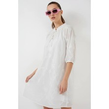 Efnaz Style Kadın Fırfır Yaka Çiçek Desenli Pamuklu Beyaz Elbise