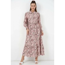 Efnaz Style Kadın Gömlek Yaka Kuşaklı Çiçek Desenli Viskon Pembe Tesettür Elbise