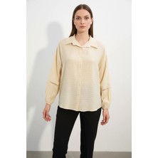 Efnaz Style Kadın Oversize Desenli Krem Gömlek