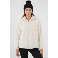Efnaz Style Kadın Dik Yaka Fermuarlı Oversize Cep Detaylı Bej Ceket