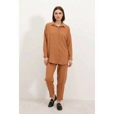 Efnaz Style Kadın Gömlek Yaka Oversize Taba Ikili Takım