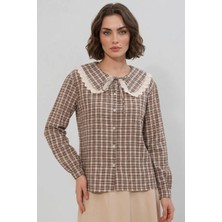 Efnaz Style Kadın Dantel Yaka Kareli Desenli Kahverengi Gömlek