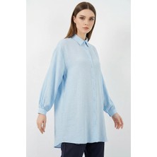 Efnaz Style Kadın Gömlek Yaka Dokulu Oversize Viskon Mavi Tunik